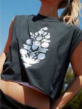 FP Movement by Free People Black Cropped Muscle Tank with White Graphic